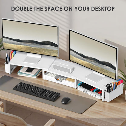 OPNICE Desk Organizers and Accessories, Dual Monitor Stand Riser with Drawer and 2 Pen Holders, Desk Shelf Metal Computer Racks for Office Workspace Organizers, Desktop Organization (Black Metal)