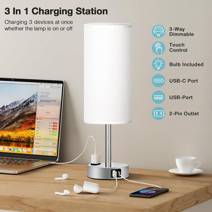 Fenmzee Bedside Table Lamp for Bedroom - Dimmable Touch, USB A+C, AC Outlet