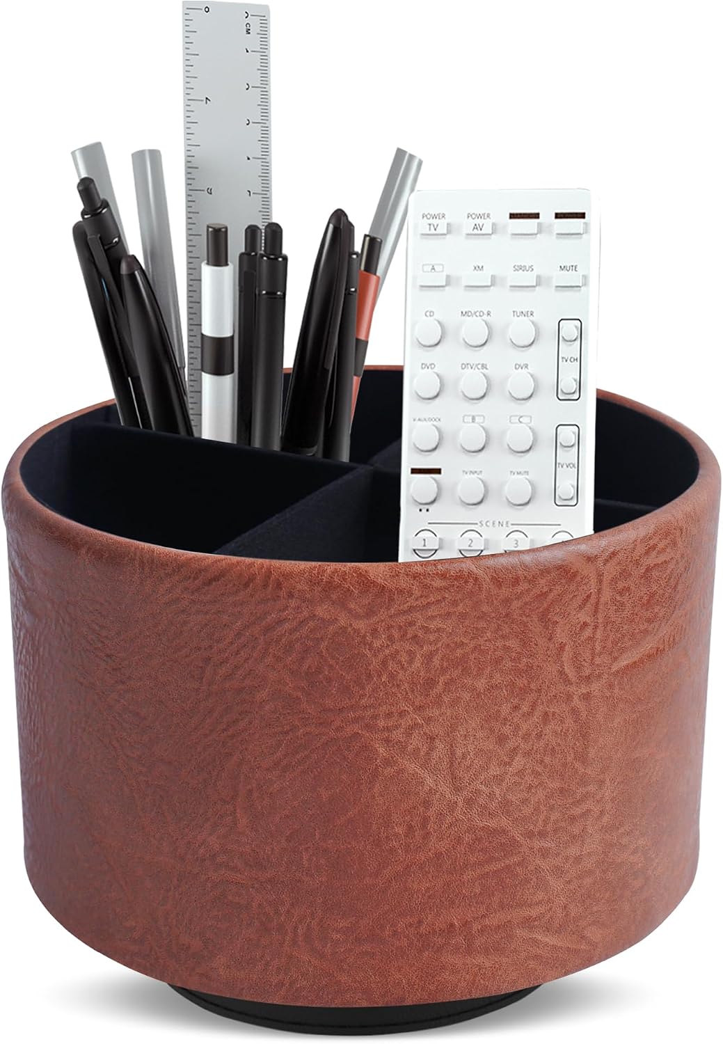Round Leather Art Supply Organizer,Remote Control Holder,360 Degree Rotating,Multi-Functional Pencil Holder,4 Compartments Desktop Stationary Organizer(1-Blue Bird) - Colors B