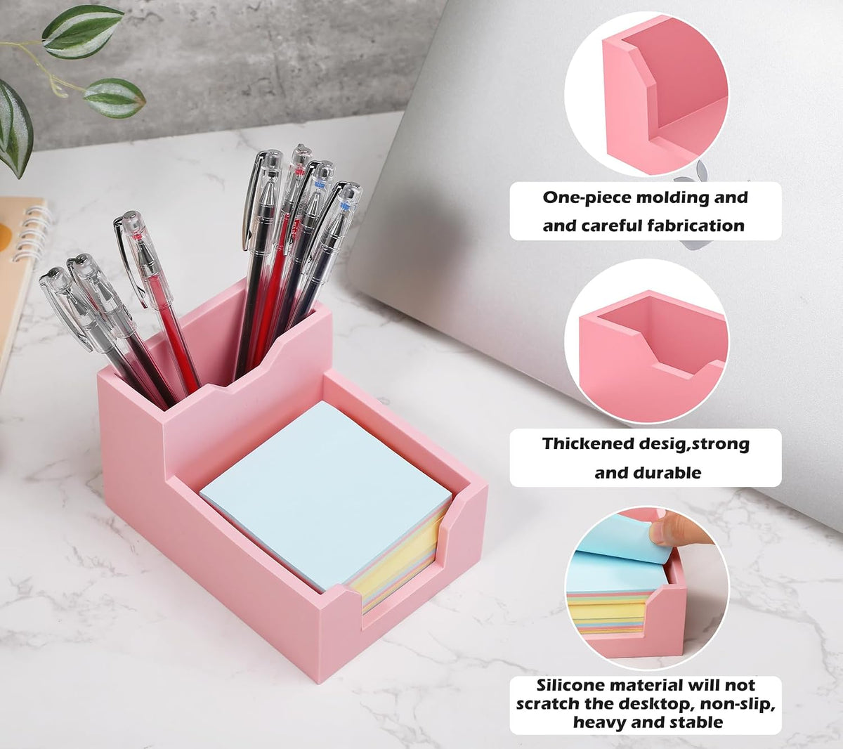 Black Sticky Note Holder, Silicone Memo Holder with Pen or Card Slots, Sticky Note Dispenser, Fits 3x3 Inches Sticky Notes