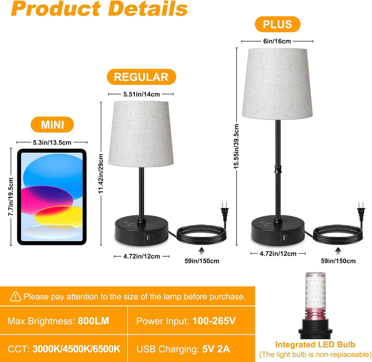 Ascher Small Bedside Table lamp, RGB Color Changing Lamps, 3 Color Temperatures, Dimmable Nightstand Lamp with USB C+A Ports, Touch Desk Lamp for Bedroom Living Room, H11.4in(Flaxen Shade)