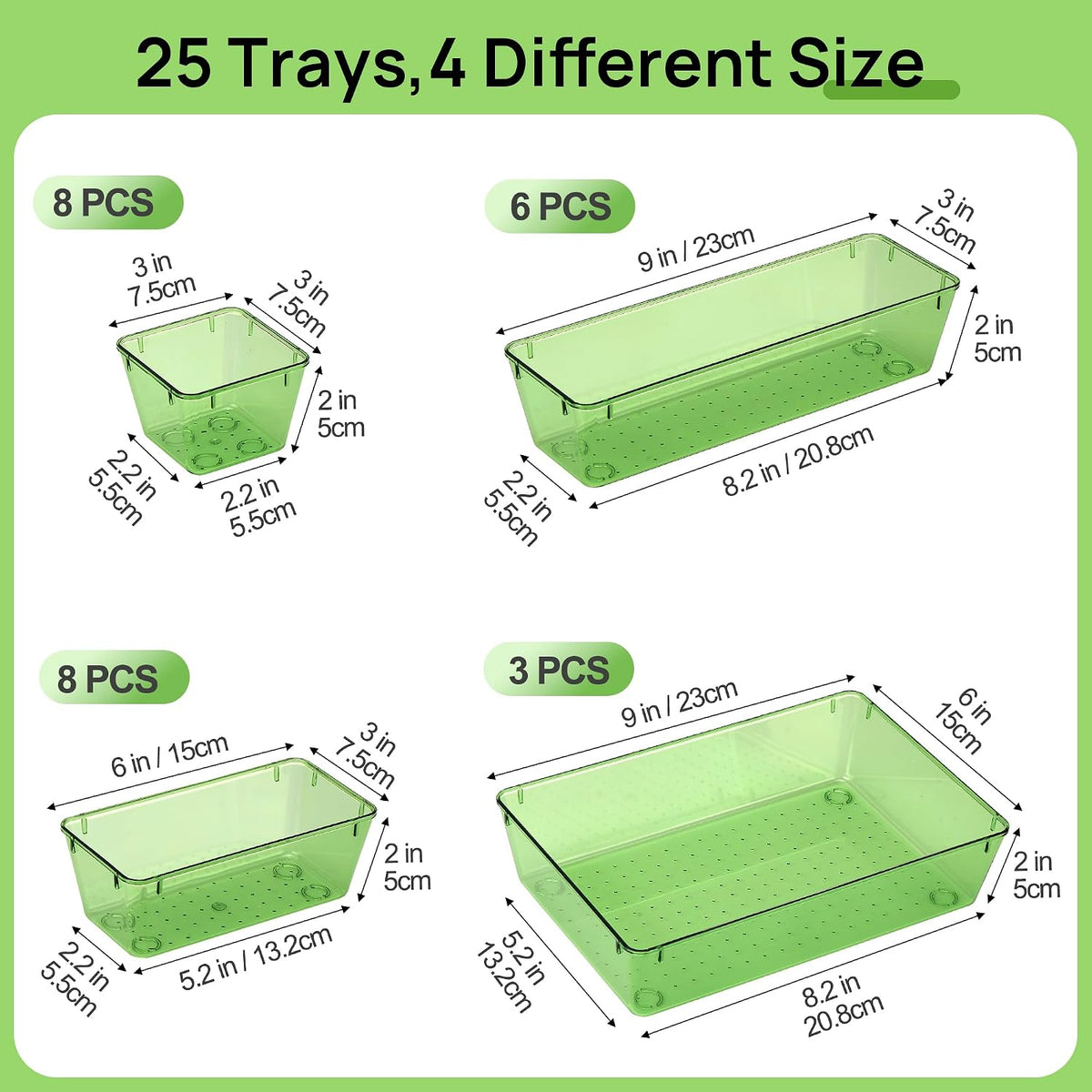 Vtopmart 25 PCS Clear Plastic Drawer Organizers Set, 4-Size Versatile Bathroom and Vanity Drawer Organizer Trays, Storage Bins for Makeup, Bedroom, Kitchen Gadgets Utensils and Office