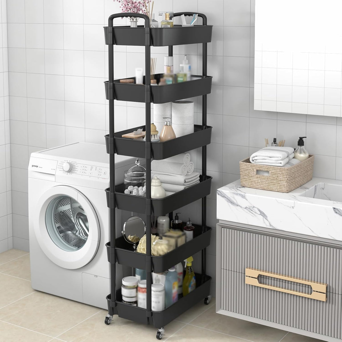 Sywhitta 3-Tier Plastic Rolling Utility Cart with Handle, Multi-Functional Storage Trolley for Office, Living Room, Kitchen, Movable Storage Organizer with Wheels, Black