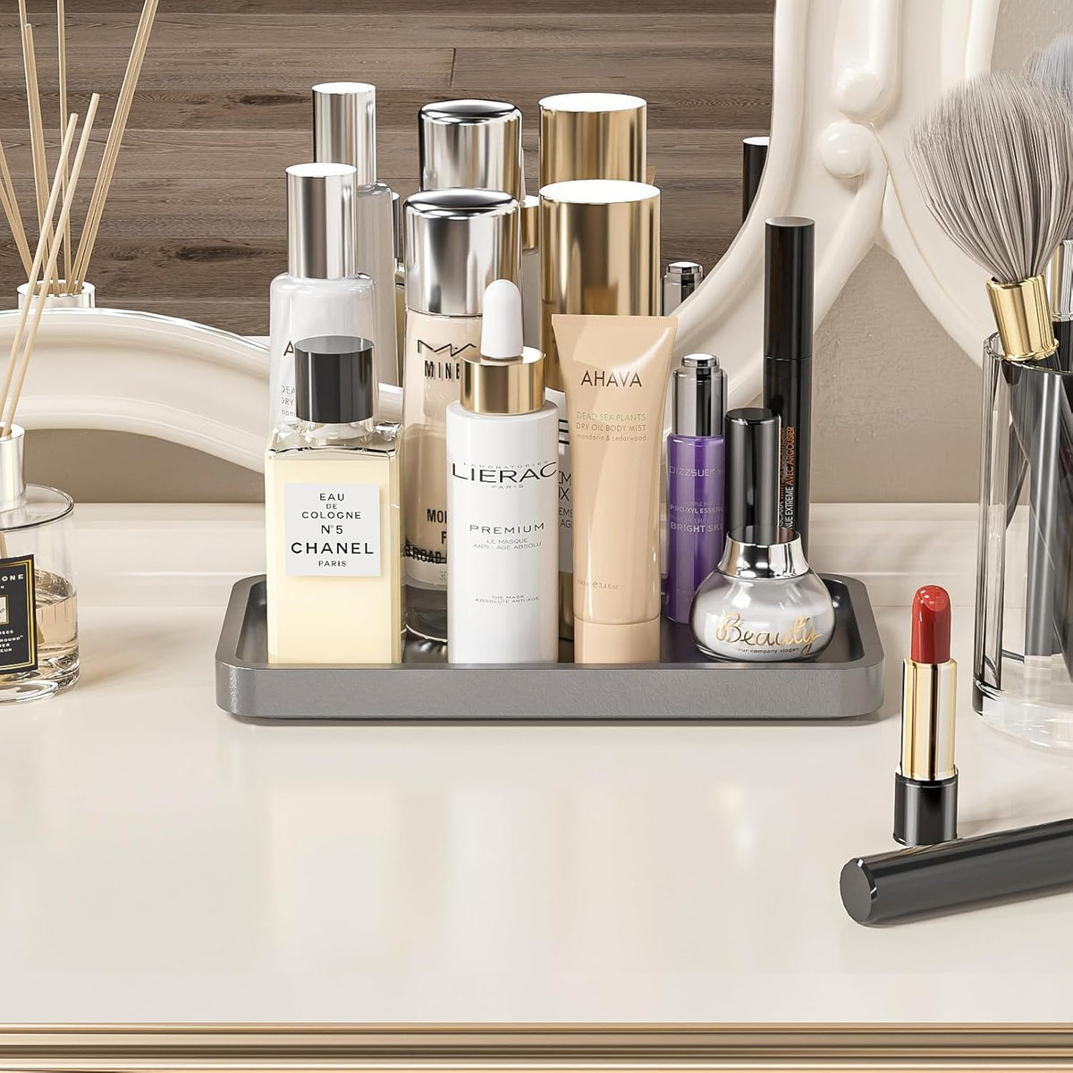 Small Bathroom Vanity Tray for Countertop Makeup Perfume Jewelry Decor Candle Keys, Small Black Kitchen Tray for Soap Dispenser Spice Bamboo Toilet Tray 7.9" L x 4" W x 0.79" H