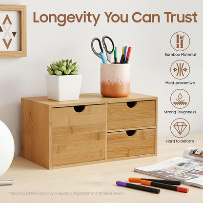 Desk Organizer, Office Vanity Bamboo Desk Organizer, Mini Bamboo Desk Drawer Tabletop Storage Box with 2 Drawer Night Stand Table Organizer for Makeup Vanity Office Supplies (2 Drawer)