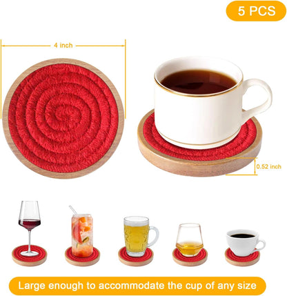 Wood Coasters for Drinks, Eykao Absorbent Coaster Sets of 5, Woven Drink Coasters for Coffee Table, Housewarming Gift for Farmhouse Home Decor,4 inches
