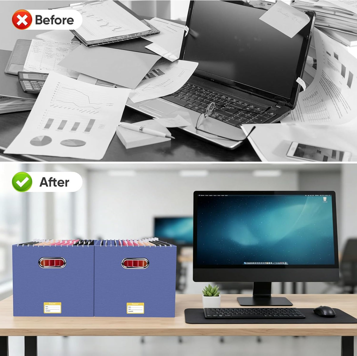 BALEINE File Organizer Box, Cardboard File Folder Organizer with Handle for Letter Size, Portable Collapsible Hanging Filing Box for Home Office Document Storage (2 Pack, Black)