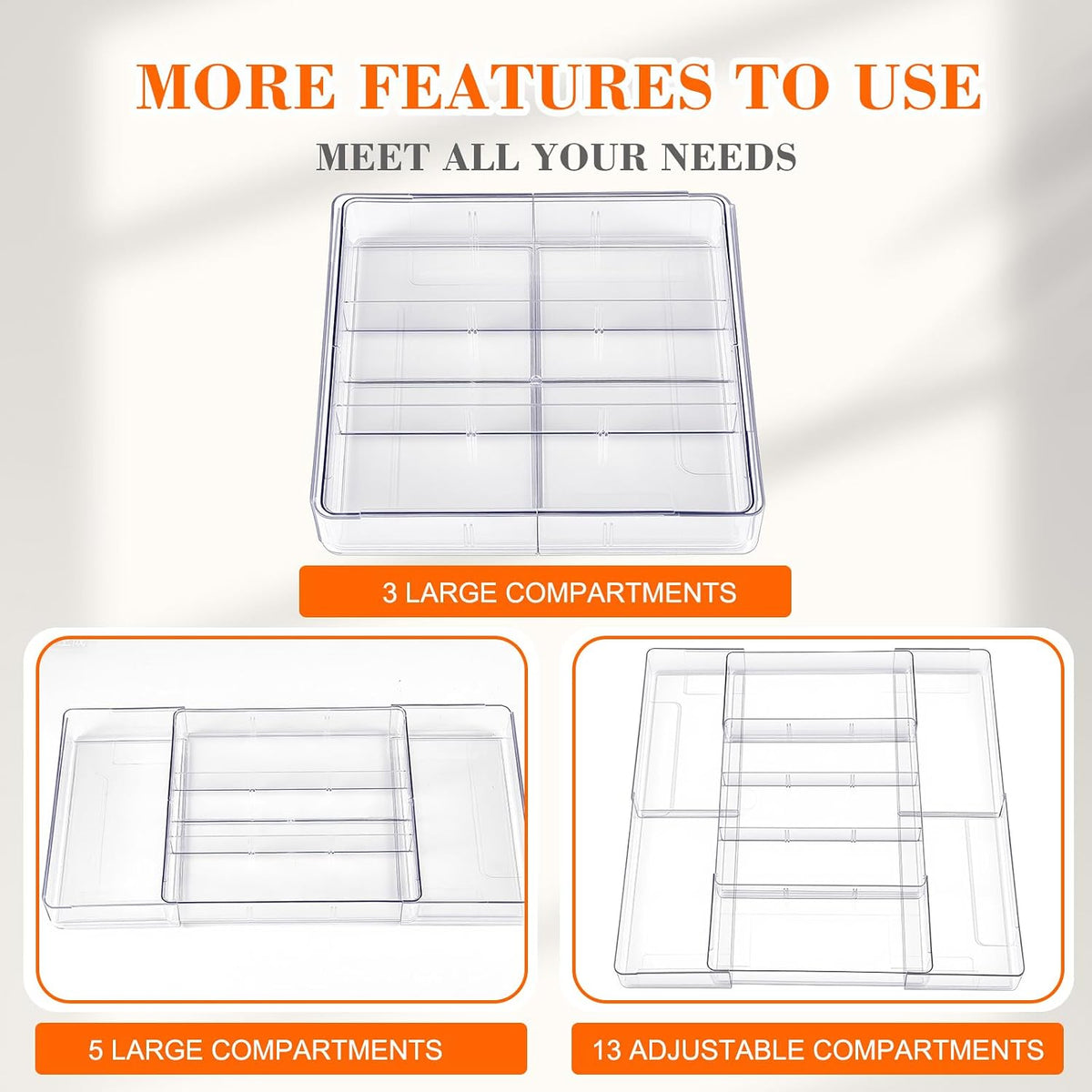 Briwooody 1 Pcs Large Expandable Acrylic Drawer Organizers, Grid Adjustable Drawer, Dividers Organizer for Desk, Makeup, Jewelry, Office, Kitchen Supplies (Clear,11 Compartments)