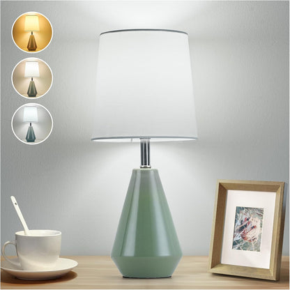 Small Bedside Table Lamp for Bedroom - Reading Desk Lamp with 3 Color Temperatures，15.5" Nightstand Ceramic Lamp with Fabric Shade for Kids Room,Living Room,Dorm,Home Office (Green)