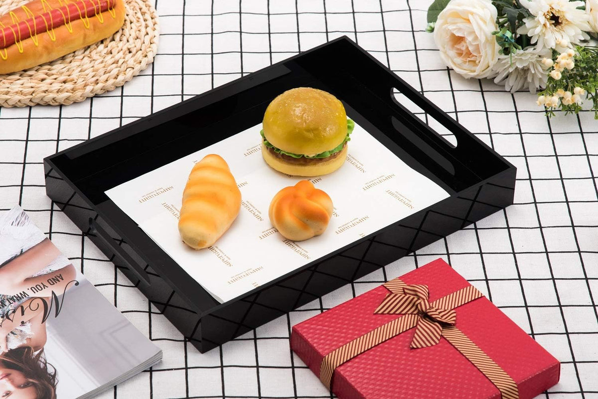 KEVLANG Glossy White Sturdy Acrylic Serving Tray with Handles-12x20 Inch-Serving Coffee Appetizer Breakfast-Kitchen Countertop Makeup Drawer Organizer-Vanity Table Ottoman Decorative Tray