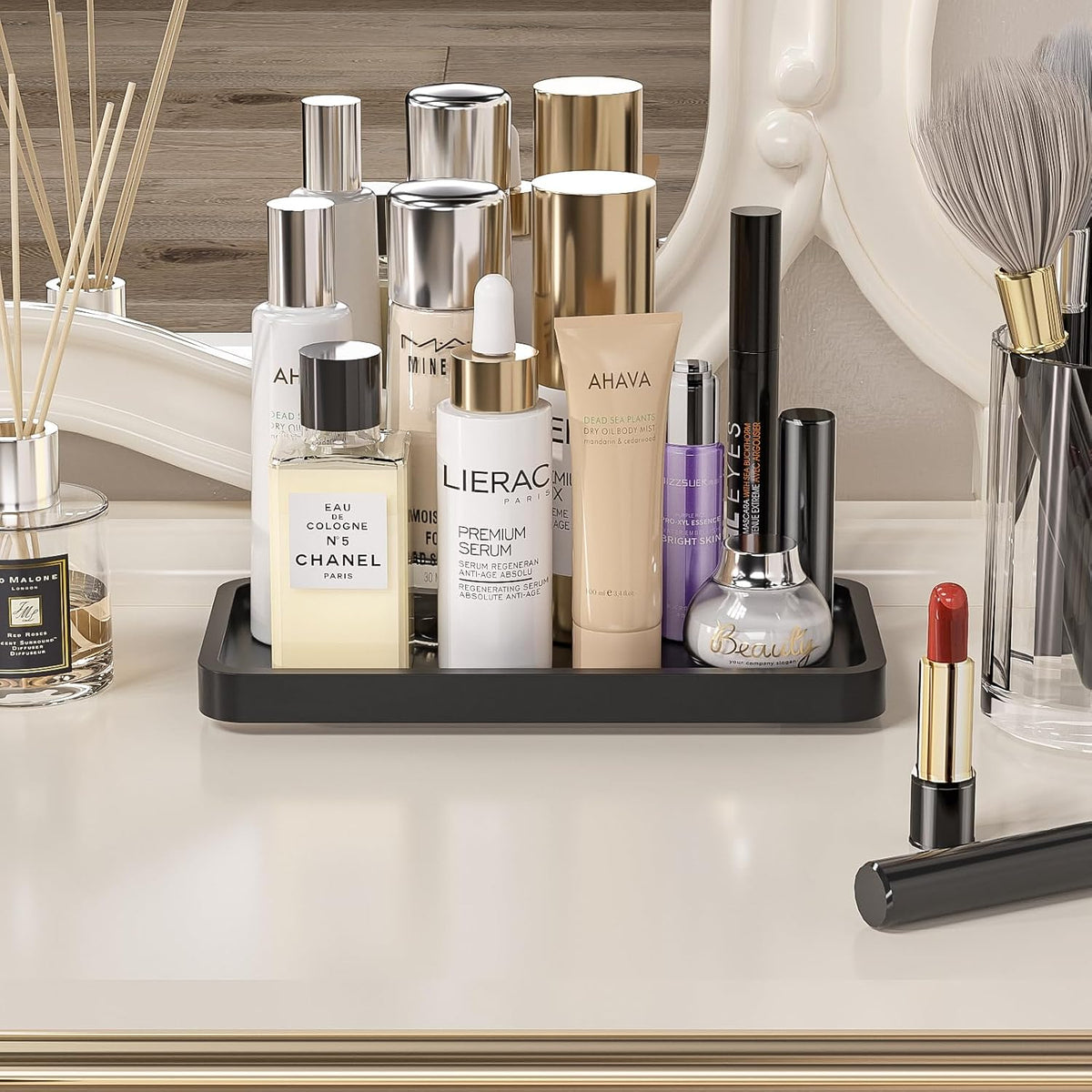 Small Bathroom Vanity Tray for Countertop Makeup Perfume Jewelry Decor Candle Keys, Small Black Kitchen Tray for Soap Dispenser Spice Bamboo Toilet Tray 7.9" L x 4" W x 0.79" H