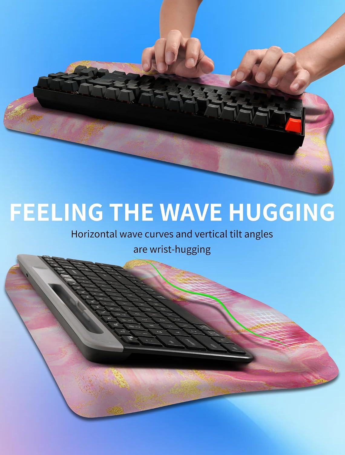 Ergonomic Wave Wrist Rest with Keyboard Stand, Cushioned Palm Rest, Comfortable Integrated Memory Foam for Natural Typing and Relieve Wrist Pain, Dark Night Black