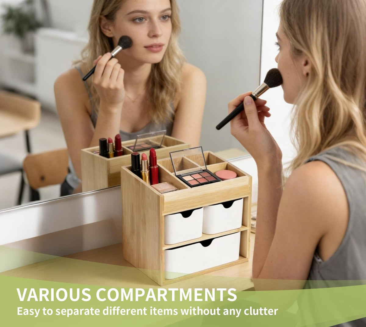 Bamboo Vanity Organizers with 3 Drawer, Mini Desk Organizer for Home, 3-tier Study/Office Organizer Rack, Adjustable 5 Compartment Makeup Display Case, Dresser Storage for Lipstick, Jewelry, Nail Care