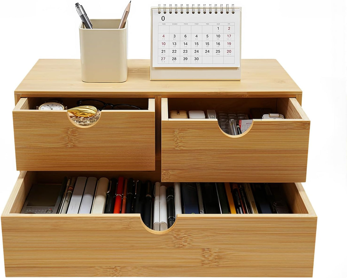 Desk Organizer, Office Vanity Bamboo Desk Organizer, Mini Bamboo Desk Drawer Tabletop Storage Box with 2 Drawer Night Stand Table Organizer for Makeup Vanity Office Supplies (2 Drawer)