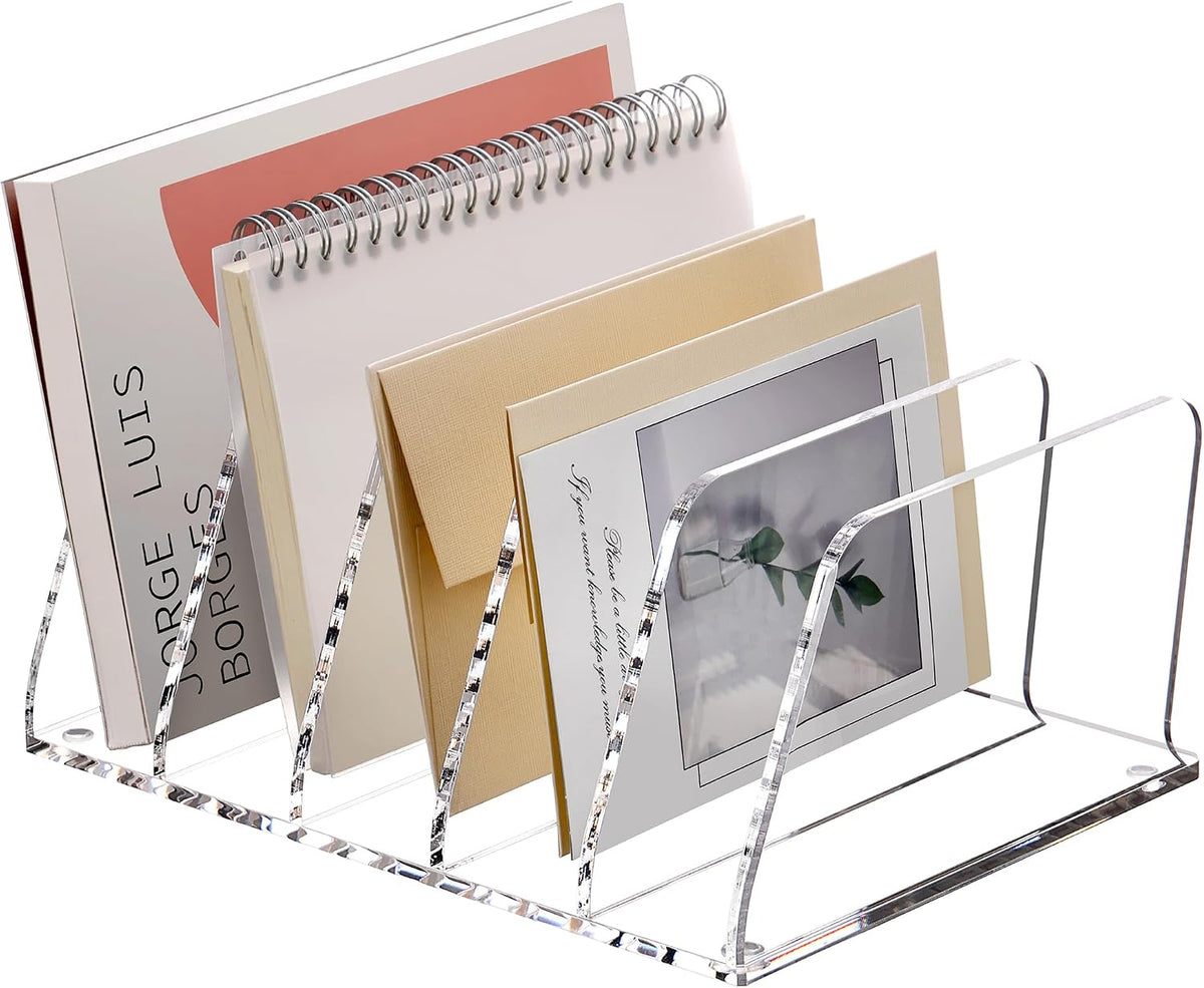 SANRUI Acrylic Mail Sorter Desktop Organizer Holder with Drawer, 5 Compartments Clear Small File Script Letter Document Storage for Desk Bill Filling Envelope Holder Office, Home, School Organization