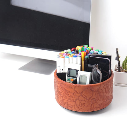 Round Leather Art Supply Organizer,Remote Control Holder,360 Degree Rotating,Multi-Functional Pencil Holder,4 Compartments Desktop Stationary Organizer(1-Blue Bird) - Colors C