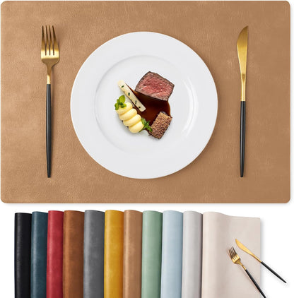 MOSAYT Vinyl Placemats Set of 6-12 X 17 Inch - Faux Leather 100% Waterproof Oil-Proof Wipeable PU Place Mats, Heat Resistant Reversible Table Mats for Kitchen, Dining, Outdoor, Reddish Brown