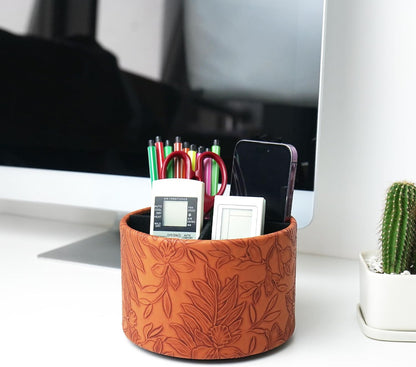 Round Leather Art Supply Organizer,Remote Control Holder,360 Degree Rotating,Multi-Functional Pencil Holder,4 Compartments Desktop Stationary Organizer(1-Blue Bird) - Colors A