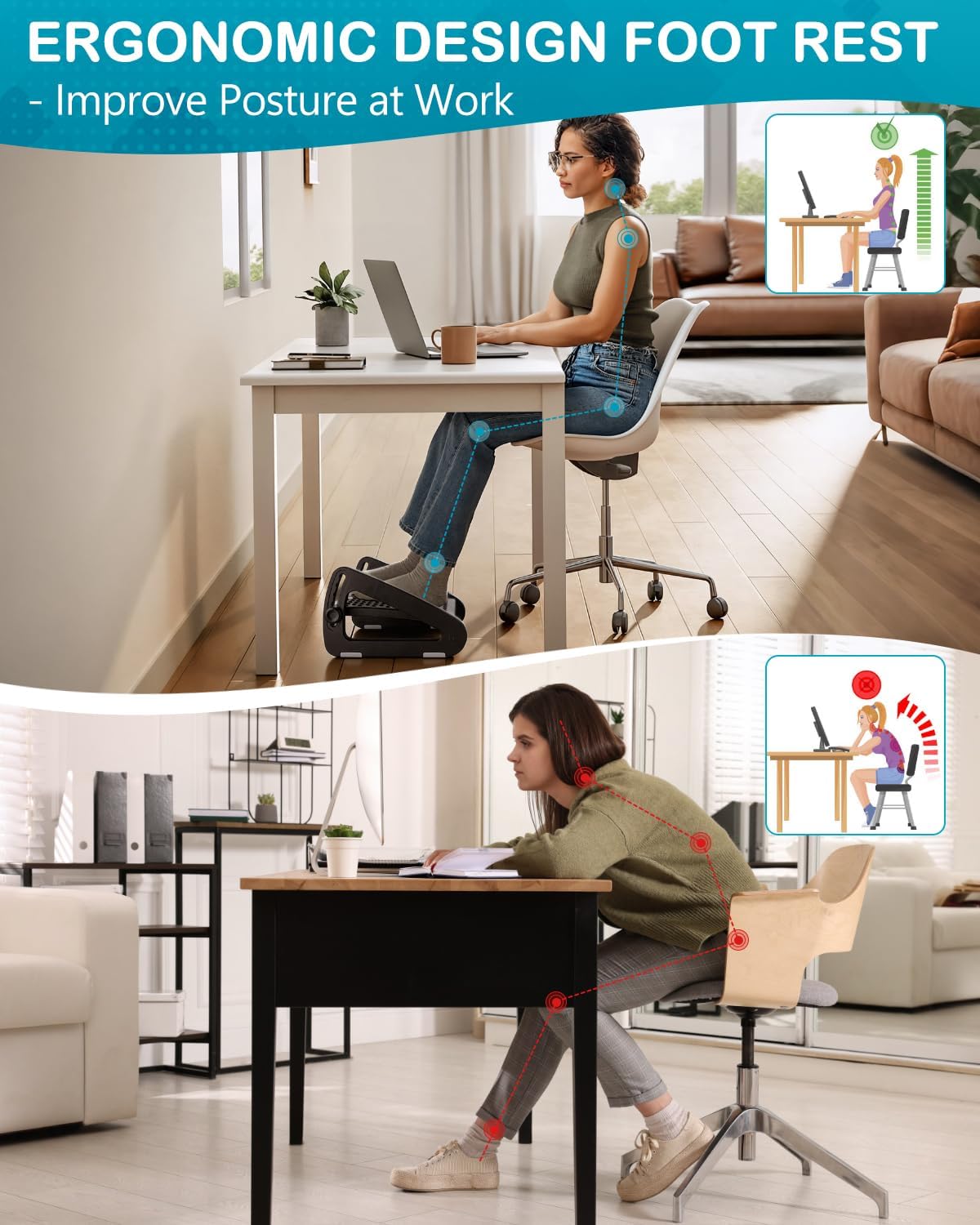 Foot Rest for Under Desk at Work - Ergonomic Under Desk Footrest for Office, Adjustable Foot Stool Desks Footrests with Roller Massager - Leg Support Rest for Office Chair & Gaming Home