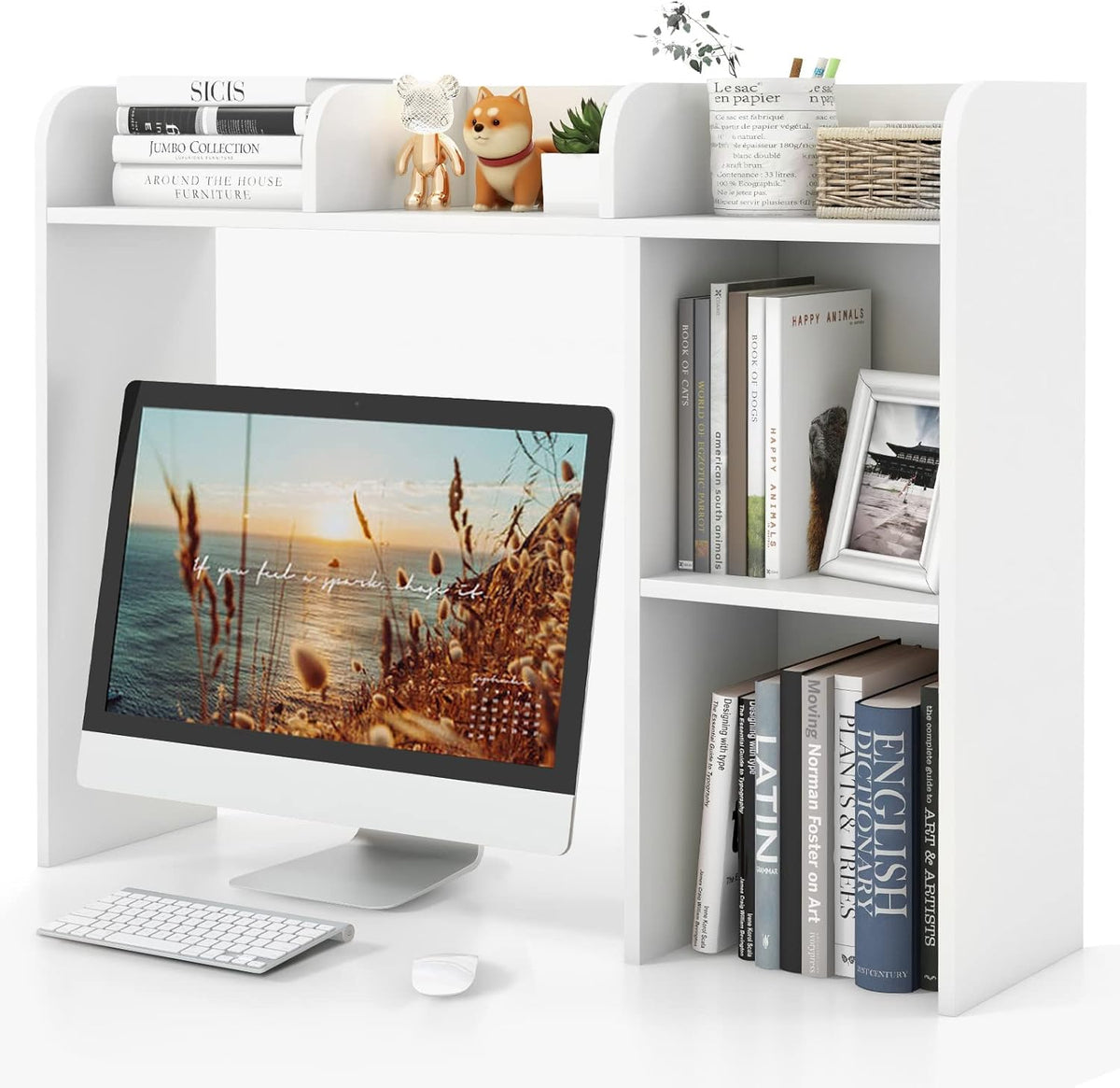 Desktop Bookshelf, Countertop Storage Hutch with 5 Shelves for Computer Desk, Desk 3-Tier Display Rack, Multipurpose Wood Desktop Hutch Storage Organizer for Dorm Office Home