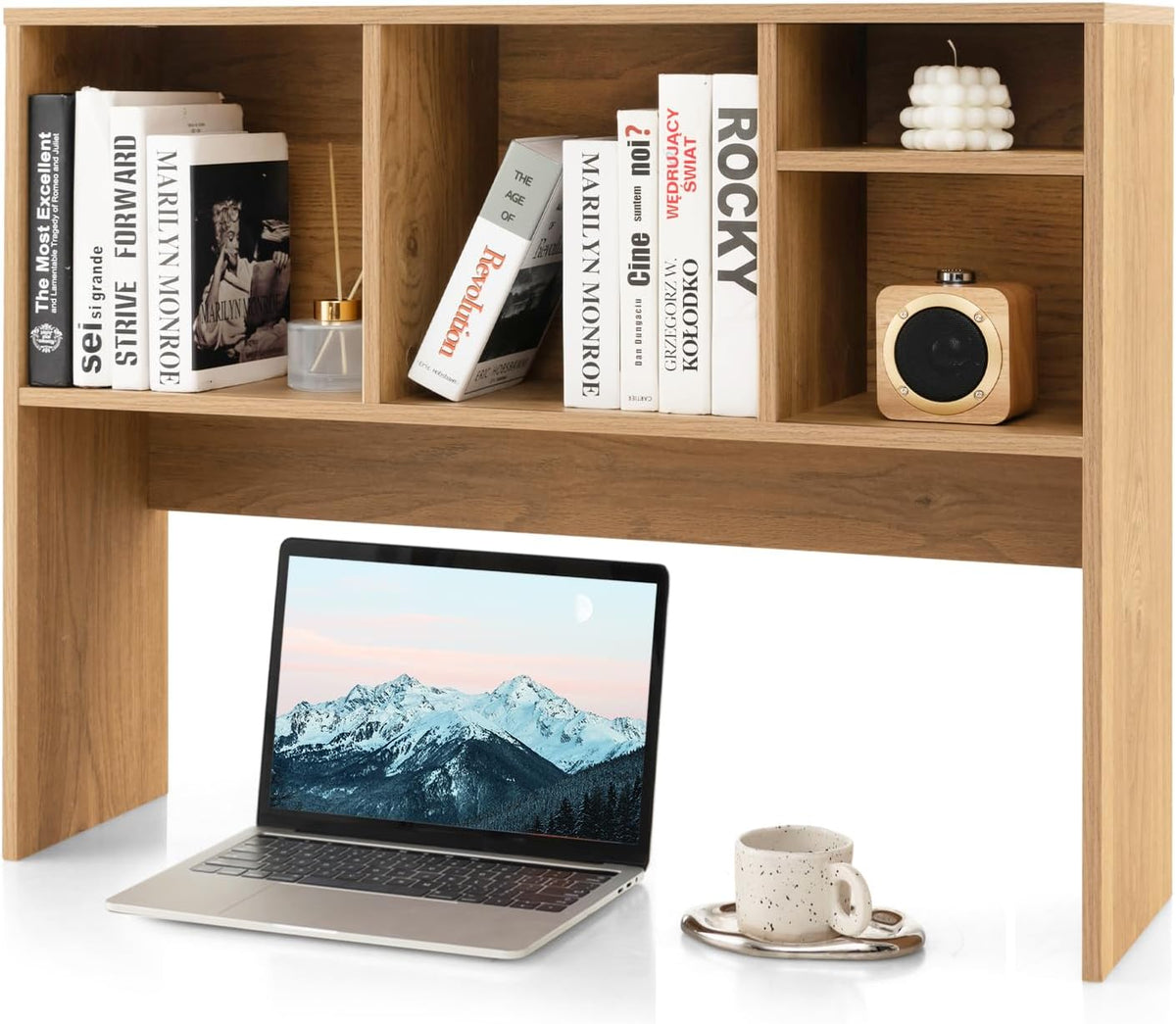 Desktop Bookshelf, Countertop Storage Hutch with 5 Shelves for Computer Desk, Desk 3-Tier Display Rack, Multipurpose Wood Desktop Hutch Storage Organizer for Dorm Office Home