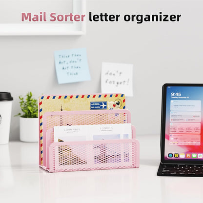 Marbrasse Mail Organizer for Desk, 3-Slot Mesh Metal Mail Holder countertop, Letter Holder, Office Desktop Envelope and Document Storage Rack (2P)