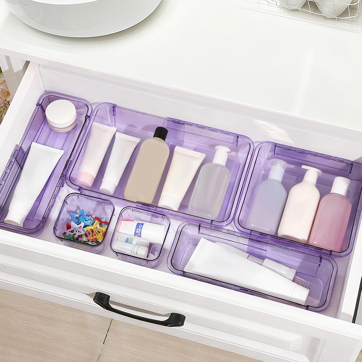 Adjustable Clear Drawer Organizer, Extendable Vanity Storage Bins, Desk Drawer Organizer Set for Makeup, Cosmetics, Bedroom, and Gadgets, Purple