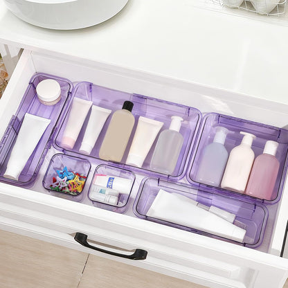 Adjustable Clear Drawer Organizer, Extendable Vanity Storage Bins, Desk Drawer Organizer Set for Makeup, Cosmetics, Bedroom, and Gadgets, Purple