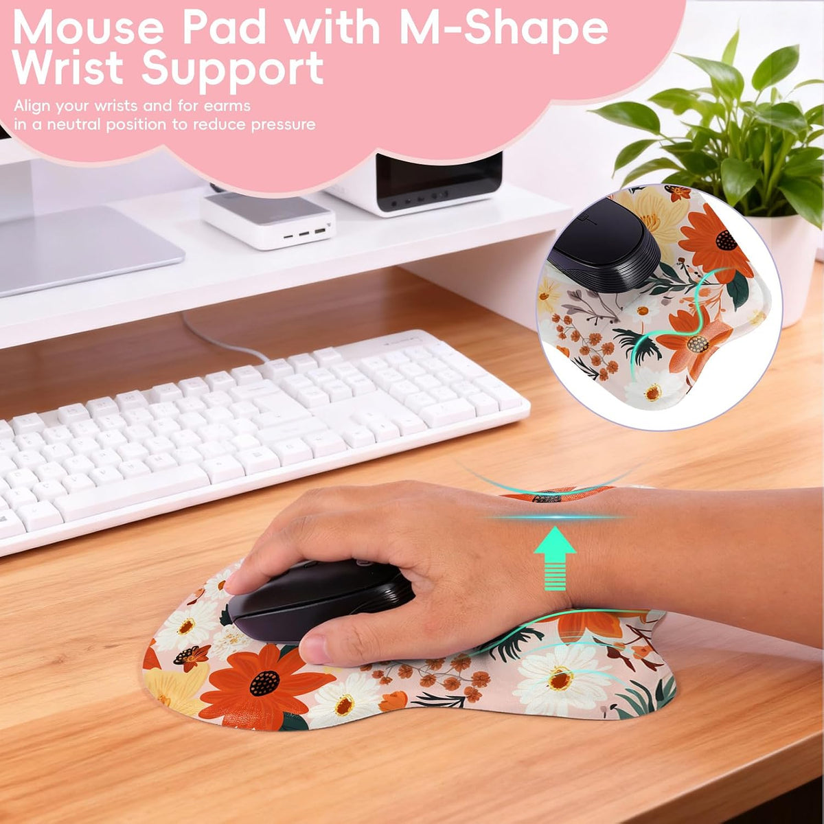Wrist Support Mouse Pad Anti Slip Rubber Wrist Rest Mousepad 9in X 8in Small Desktop Notebook Mouse Mat for Working and Gaming (M-Pink Floral)