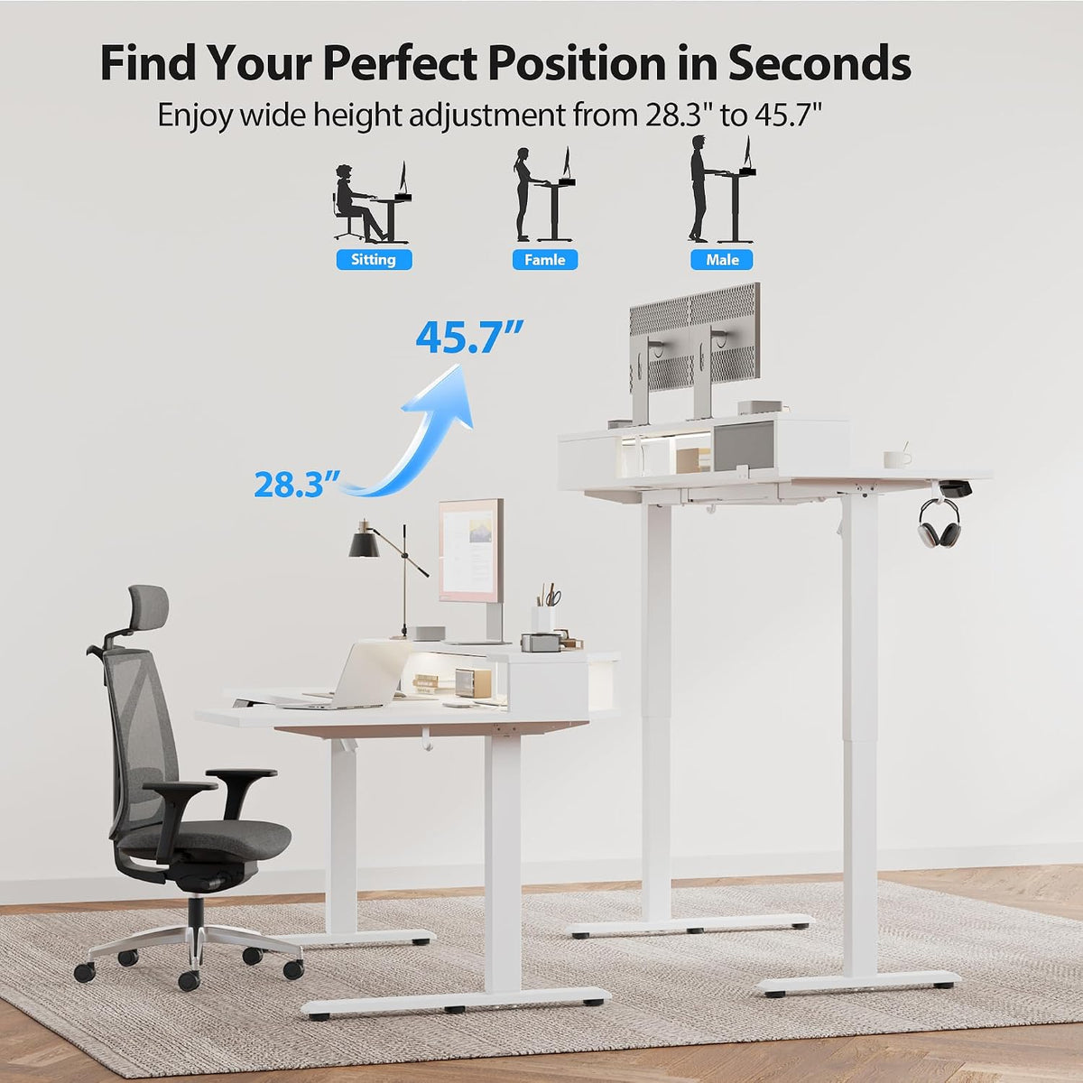 48 * 24 Inch Electric Standing Desk with Shelf & Led, Dark Walnut