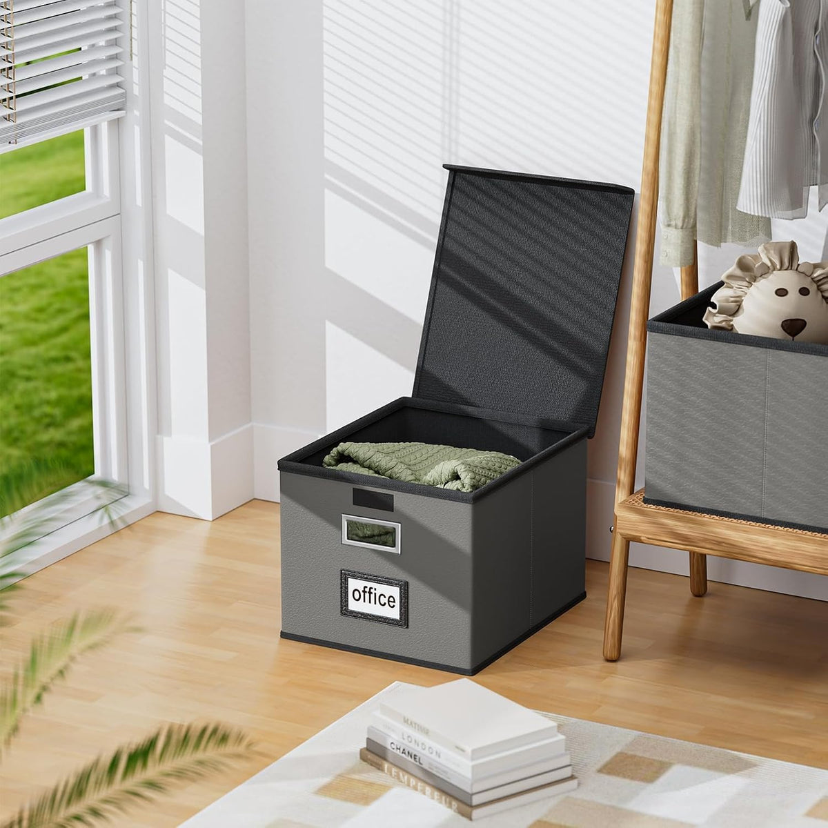 Upgraded Portable File Organizer Box with Lid, Collapsible Linen Hanging Filing Storage Boxes with Plastic Slides, Decorative Home/Office Filing System Box for File and Folders Storage (Gray)