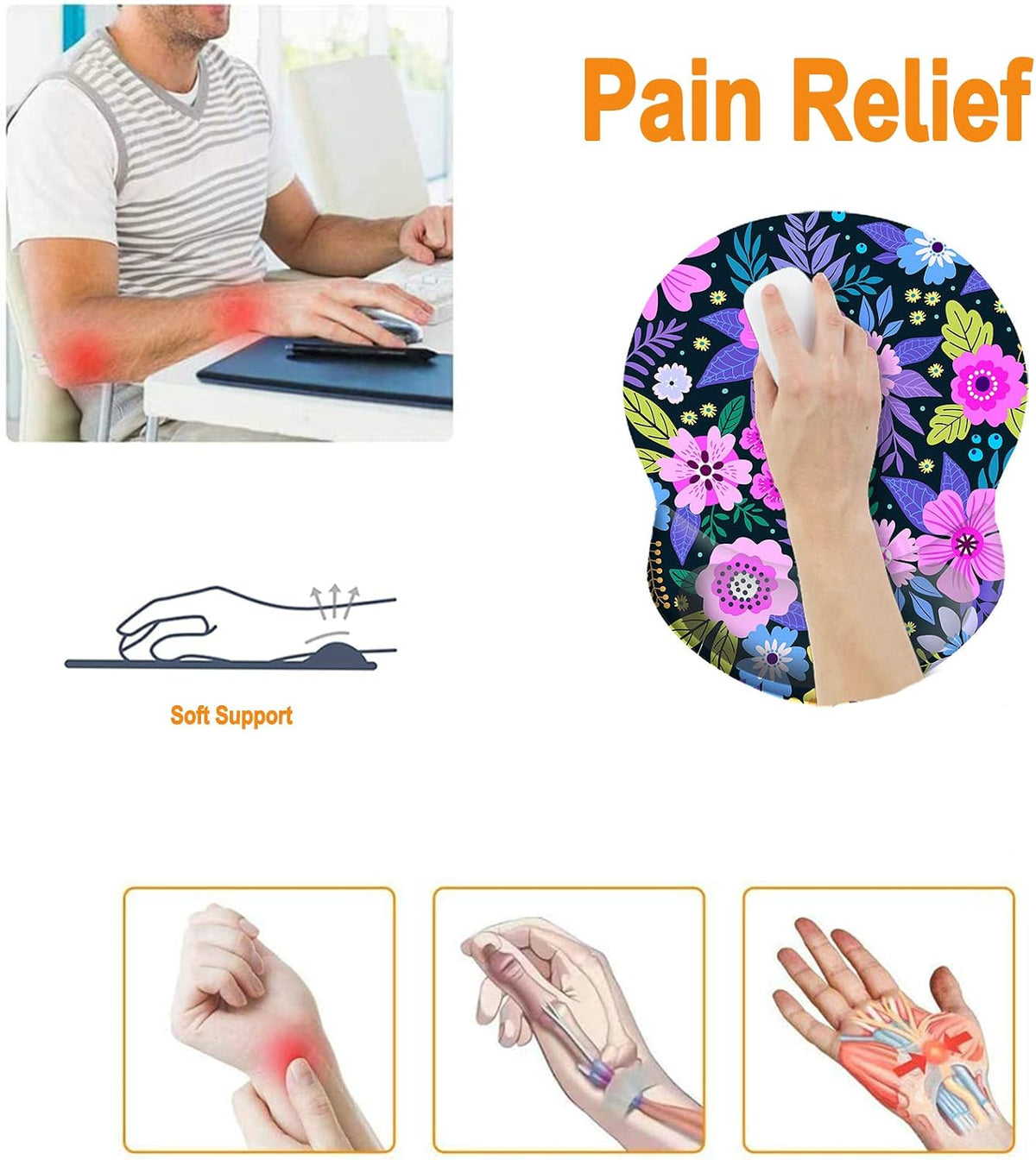 Wrist Support Mouse Pad Anti Slip Rubber Wrist Rest Mousepad 9in X 8in Small Desktop Notebook Mouse Mat for Working and Gaming (M-Pink Floral)