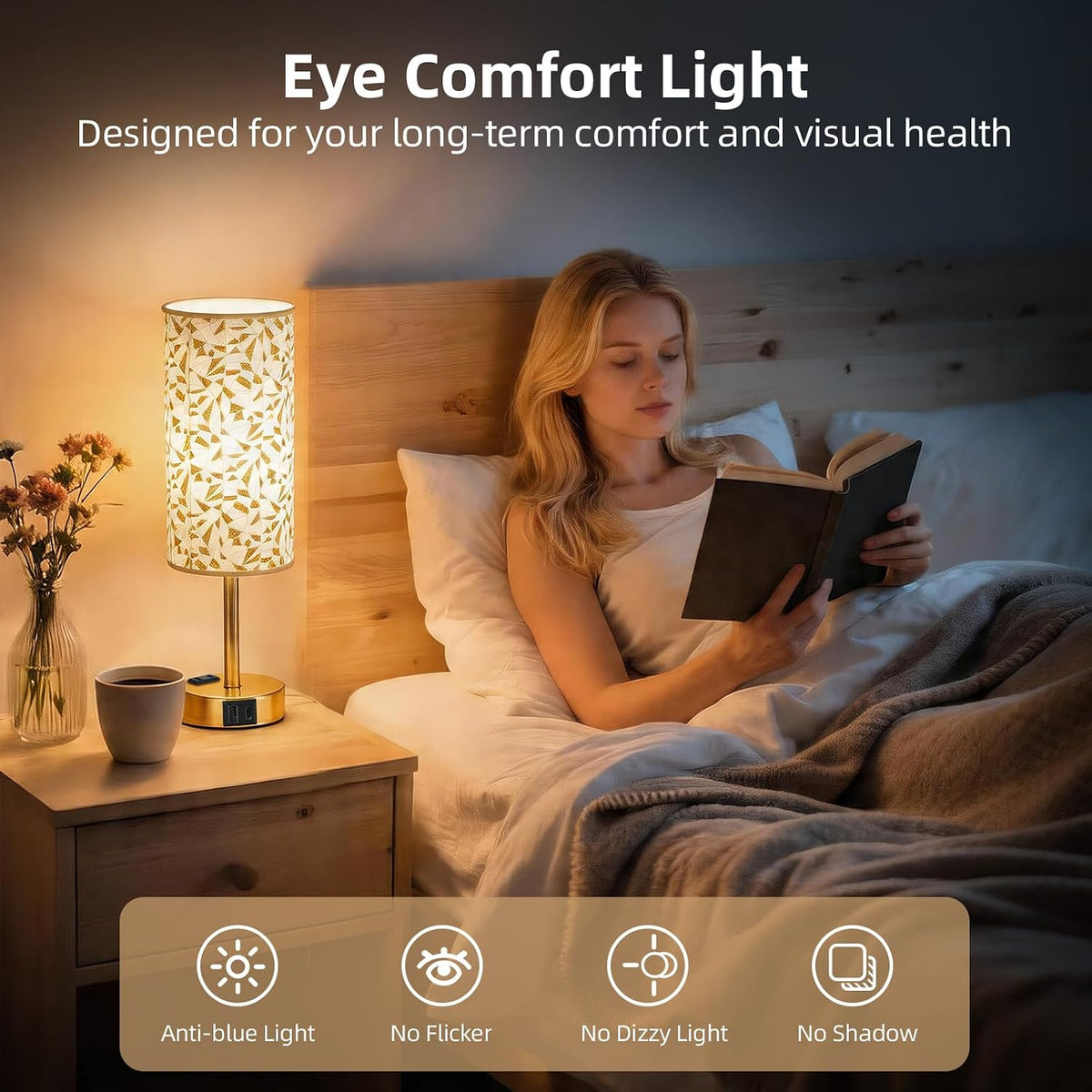 Table Lamp for Nightstand, High-Sensitivity Touch, 3-Level Dimmable Bedside Lamp with AC Outlet | USB | and USB-C, Ideal Night Stand Lamp for Bedroom, Reading, Living Room(Warm&Wooden)