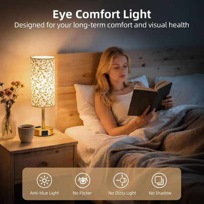 Table Lamp for Nightstand, High-Sensitivity Touch, 3-Level Dimmable Bedside Lamp with AC Outlet | USB | and USB-C, Ideal Night Stand Lamp for Bedroom, Reading, Living Room(Warm&Wooden)