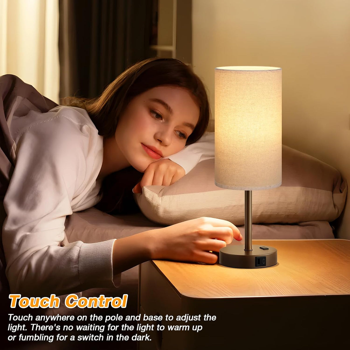 Dicoool Bedside Table Lamp for Bedroom - 3-Way Dimmable Touch Lamp, USB A+C