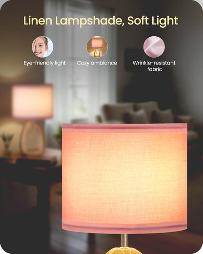 Small Table Lamp, 14.2" Cute Little Desk Lamp, Wood Bedside Lamp with Linen Lampshade, Modern Nightstand Lamp for Bedroom, E26 Base, Bulb Not Included, Beige and Dark Natural LE07TL05