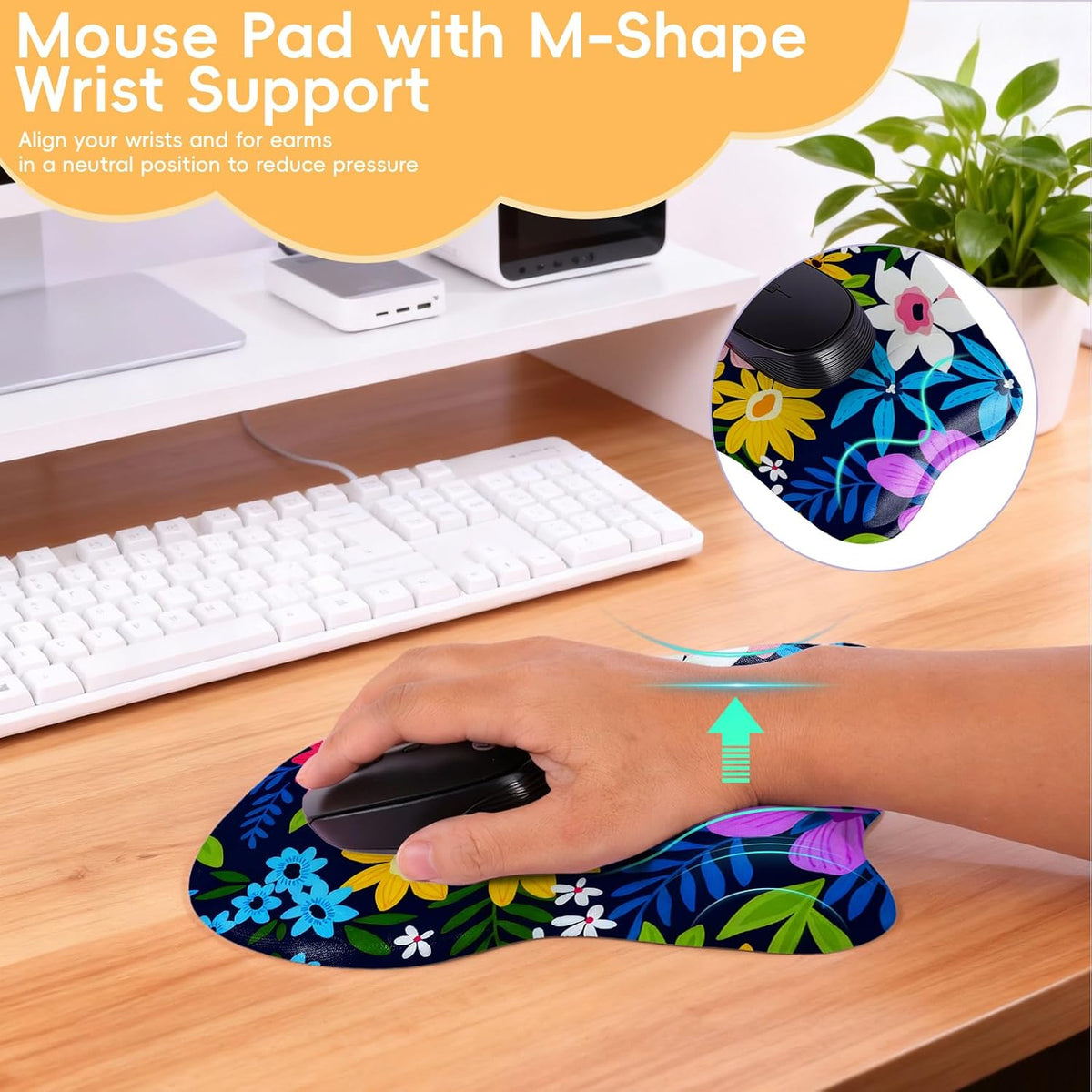 Wrist Support Mouse Pad Anti Slip Rubber Wrist Rest Mousepad 9in X 8in Small Desktop Notebook Mouse Mat for Working and Gaming (M-Pink Floral)