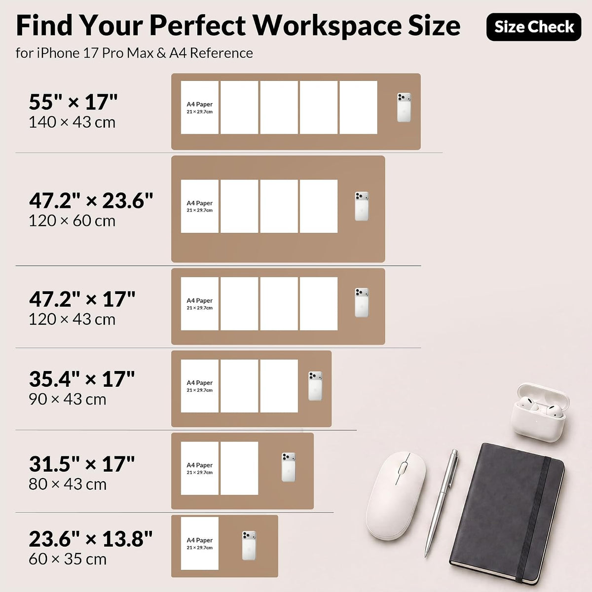 Large Desk Mat, 47" x 17", Black
