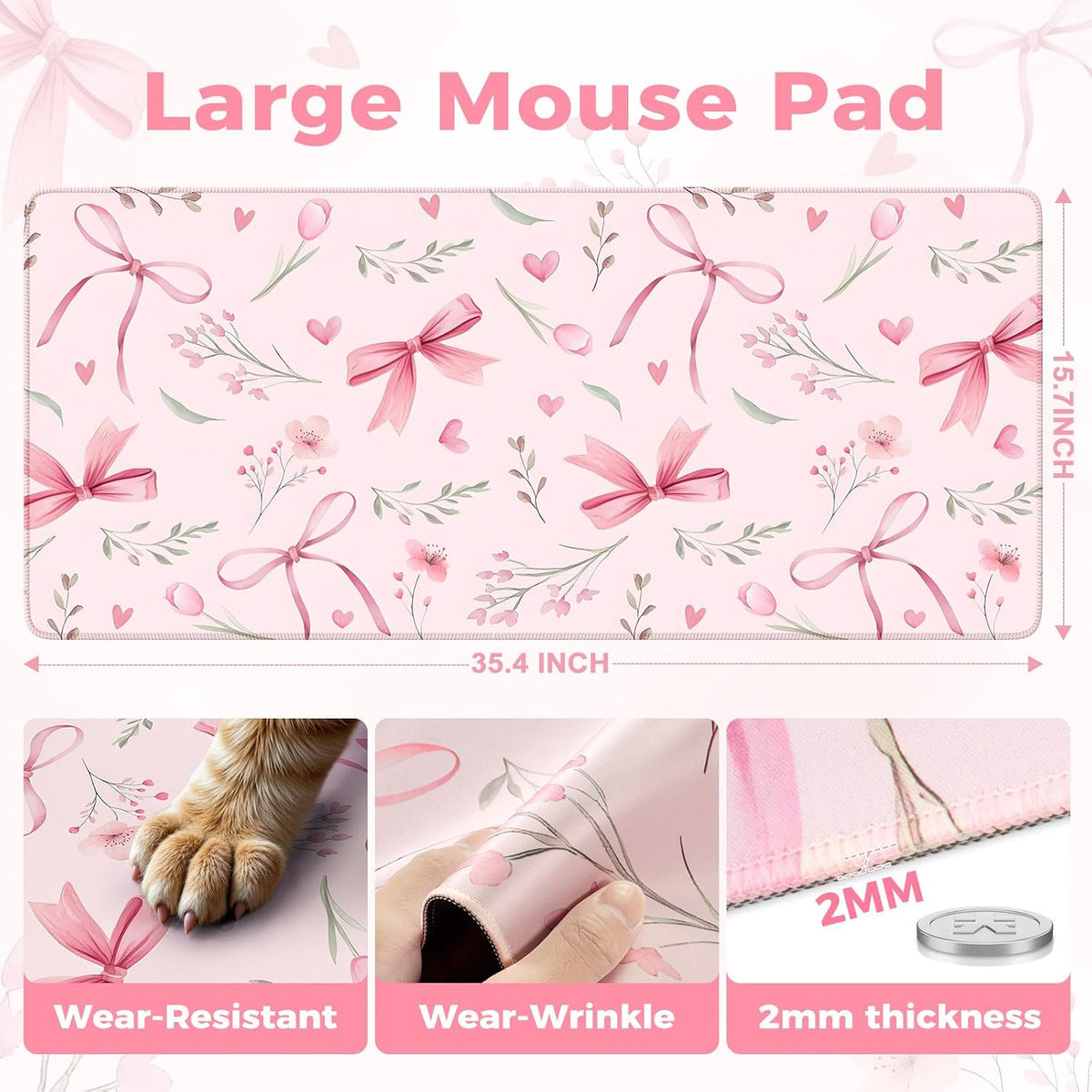 Desk Mat,Mouse Pad for Office Desk,35.4x15.7in,Pink Flowers