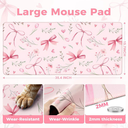 Desk Mat,Mouse Pad for Office Desk,35.4x15.7in,Pink Flowers