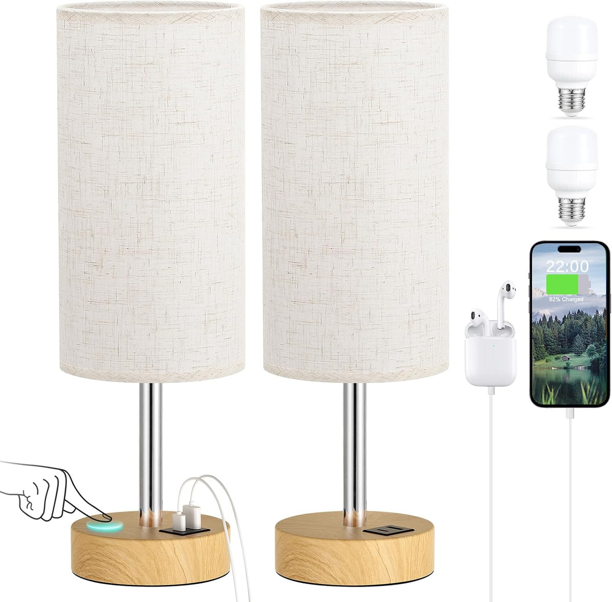 Dicoool Bedside Table Lamp for Bedroom - 3-Way Dimmable Touch Lamp, USB A+C