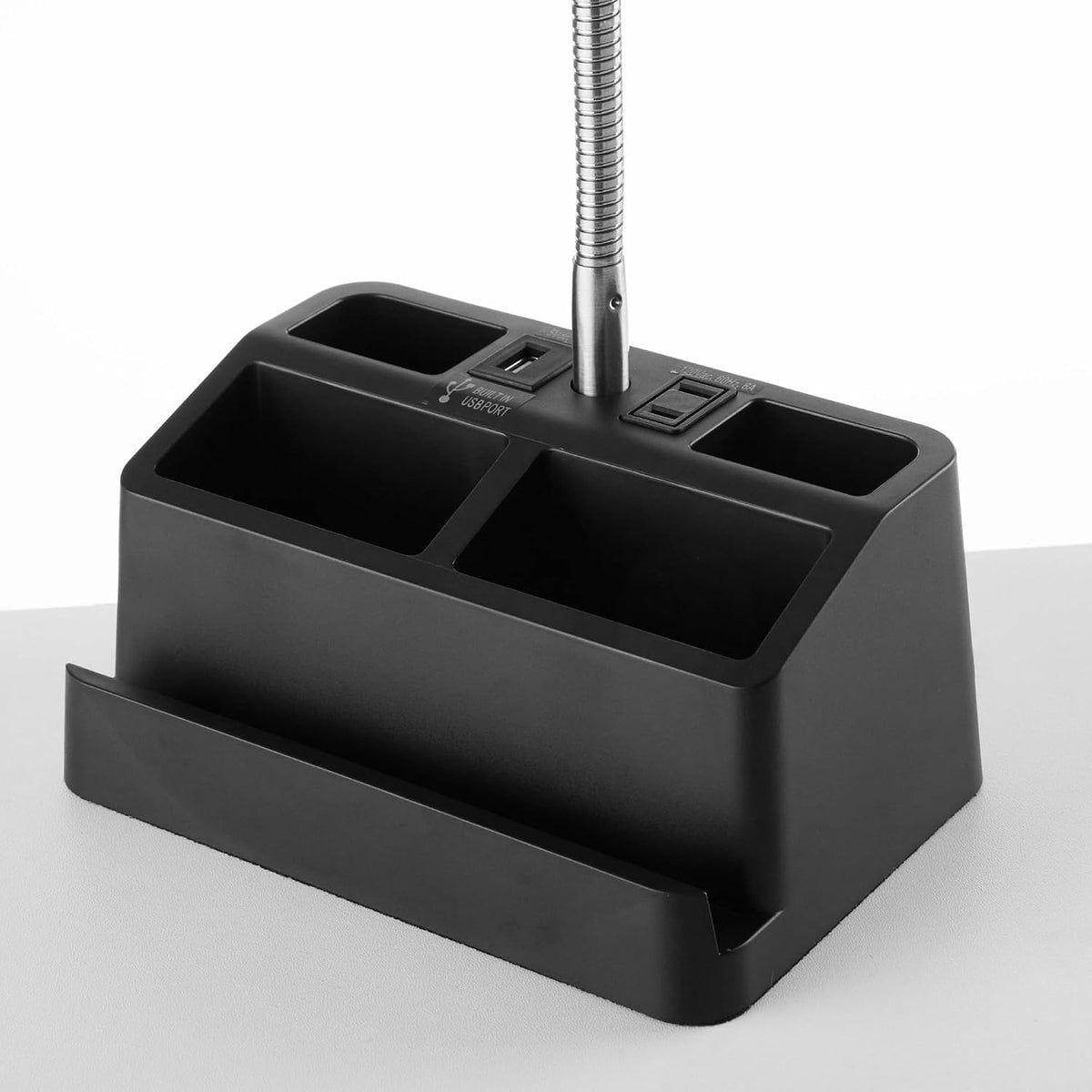 15" Organizer Desk Lamp Black - USB Port & AC Outlet, 4 Compartment Storage Base | Phone/Tablet Holder, Flexible Gooseneck | No Assembly, Matte Finish | Desk/Nightstand | Home Office/Dorm Essential