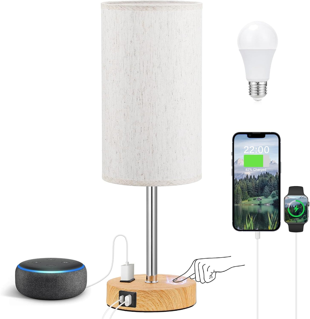 Fenmzee Bedside Table Lamp for Bedroom - Dimmable Touch, USB A+C, AC Outlet
