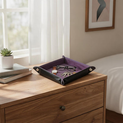 Valet Tray Desktop Storage Organizer – Vegan Leather Catchall Bedside Vanity Tray Nightstand Caddy Holder for Remote Controller, Watch, Keys, Phone, Wallet, Coin, Jewelry (Orange/Black)