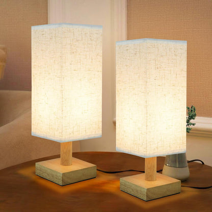 Small Bedside Table Lamp for Bedroom,Natural Round Wood Base&Fabric Linen Shade,Cozy Night Table Light for Study Reading,Minimalist Boho Desk Lamp for Nightstand,Living Room,Nursery,Kitchen,Dorm