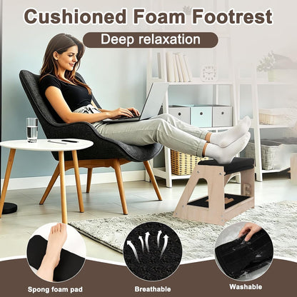 Natheeph Wooden Foot Rest Under Desk at Work – 3-Height Adjustable Ergonomic Foot Stool with Massage Roller on Lower Deck & Foam Upper Pad for Office, Home, Gaming, Non-Slip Base