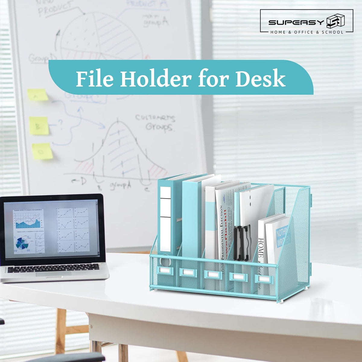 Desk Organizers Metal Desk Magazine File Holder with 5 Vertical Compartments Rack File Organizer for Office Desktop, Classroom, Home Workspace, Black