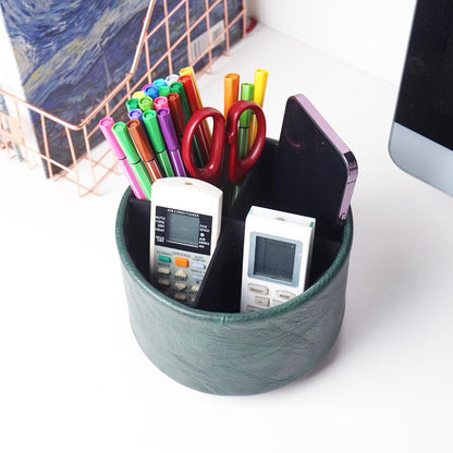 Round Leather Art Supply Organizer,Remote Control Holder,360 Degree Rotating,Multi-Functional Pencil Holder,4 Compartments Desktop Stationary Organizer(1-Blue Bird) - Colors A