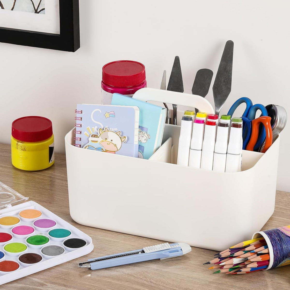 Multiuse Caddy Organizer with Handle, Portable Divided Plastic Tote Bin - Art Craft, Stationary Pen Marker Crayons, Makeup Hair Supplies Storage - Bathroom, Classroom, Dorm, Office, Desk Holder -Black