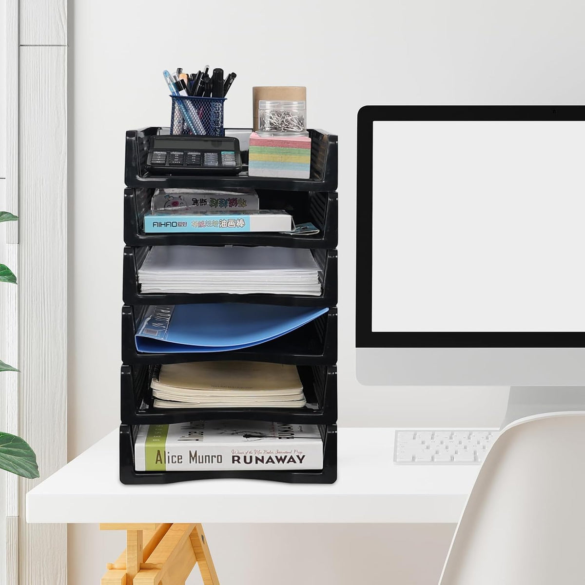 6 Pack Stackable Letter Trays, Plastic File Organizer Tray, Desktop Document File Paper Organizer, Black